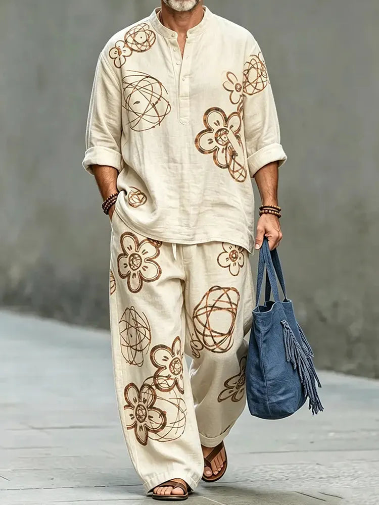 Men's Vintage Japanese Floral Art Shirt And Pants Two Piece Set