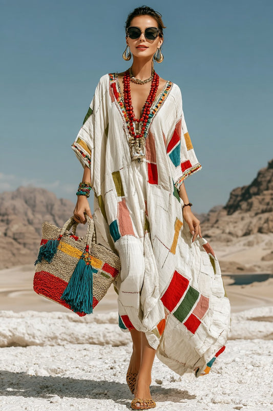 Vintage Print Long Sleeve Kaftan Dress