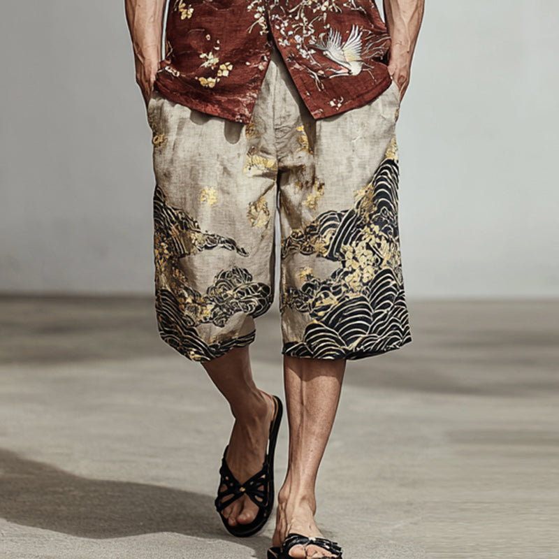 Men's Japanese-style Patterned Color-blocked Two-piece Set