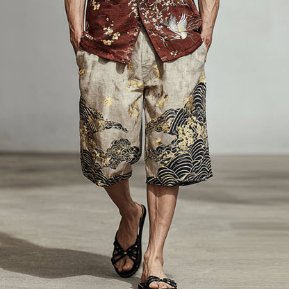 Men's Japanese-style Patterned Color-blocked Two-piece Set