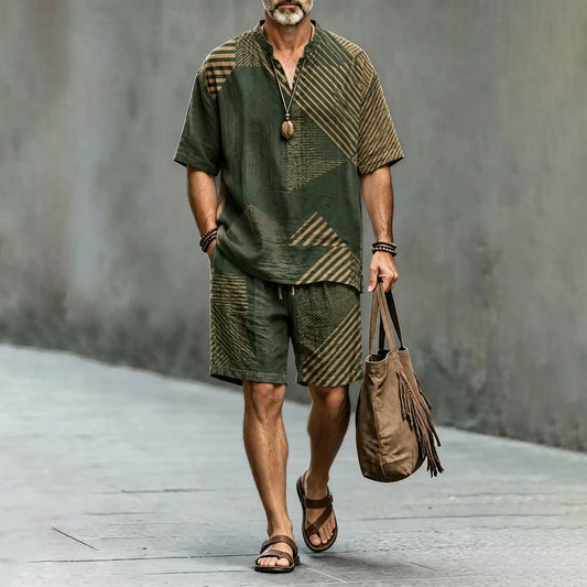 Men's Retro Geometric Art Print Short Sleeve Shirt And Shorts Two Piece Set