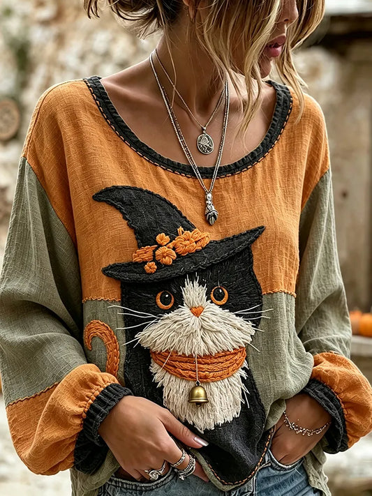 Women's Retro Halloween Cute Wizard Cat Art Embroidered Linen Blend Round Neck Long Sleeve Tops