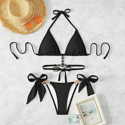 Halter-neck rhinestone strap triangle bikini set
