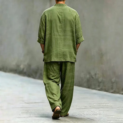 Men's Vintage Geometric Art Print Shirt And Pants Two Piece Set