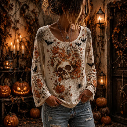 Women's Halloween Spooky Skull, Spiderweb & Pumpkin Long-sleeve Top