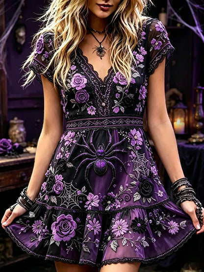 Women's Vintage Halloween Spider And Floral Art Casual Crew Neck Short Sleeve Dress