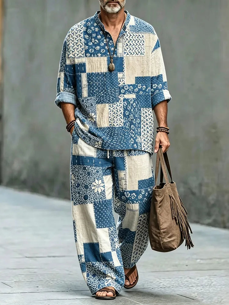 Men's Japanese Patchwork Art Shirt And Pants Two Piece Set
