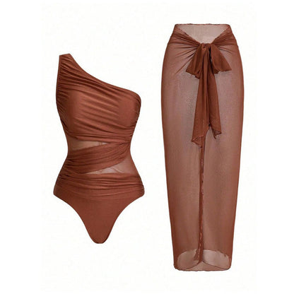 One-shoulder cut-out one-piece swimsuit and mesh cover-up skirt set
