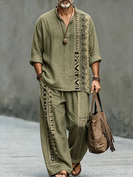 Men's Vintage Geometry Art Print Shirt And Pants Two Piece Set