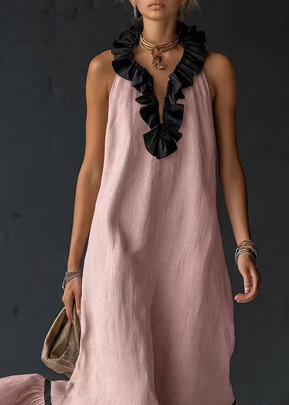 Pink Halter V Neck Loose Ruffle Maxi Dress