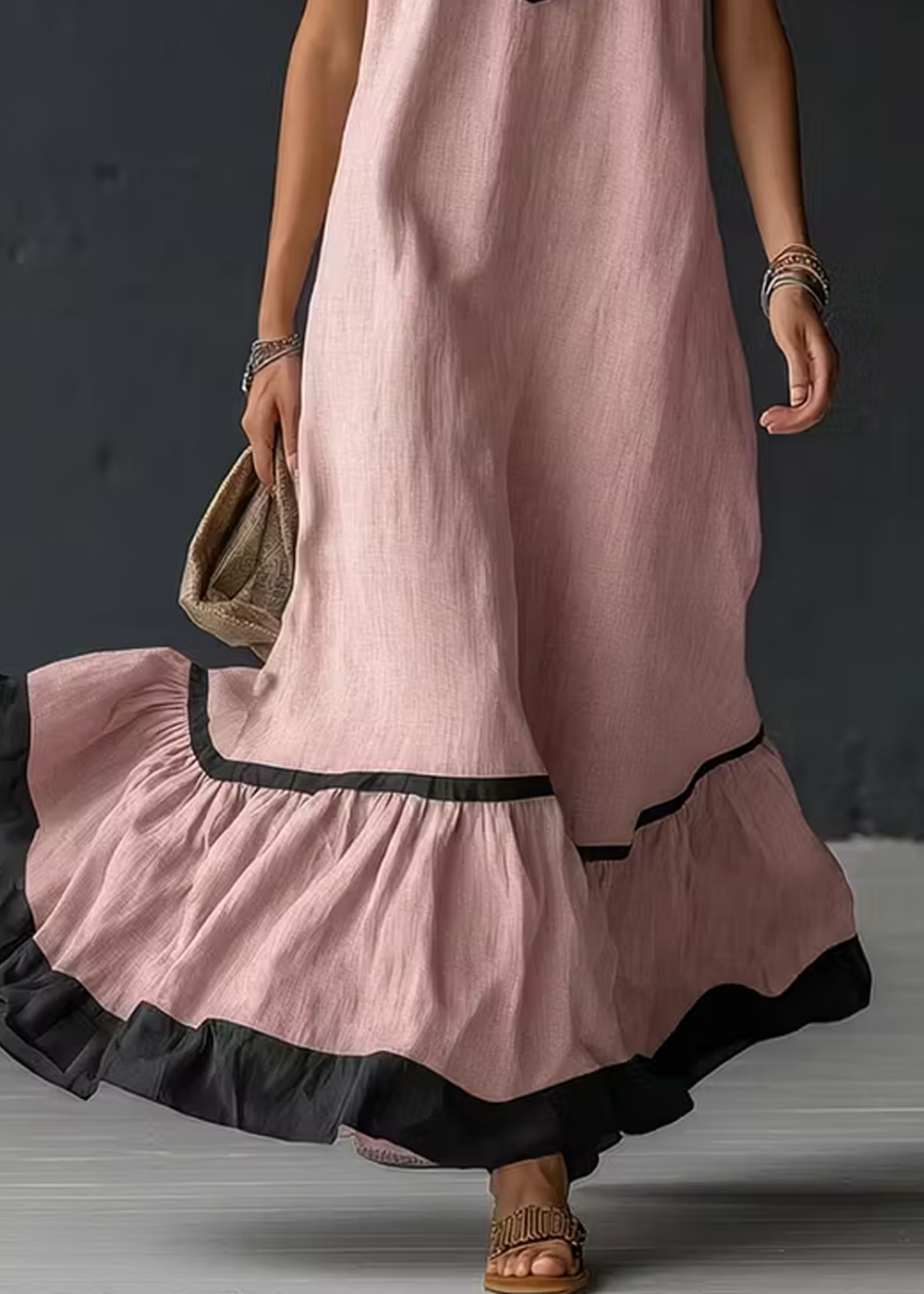 Pink Halter V Neck Loose Ruffle Maxi Dress
