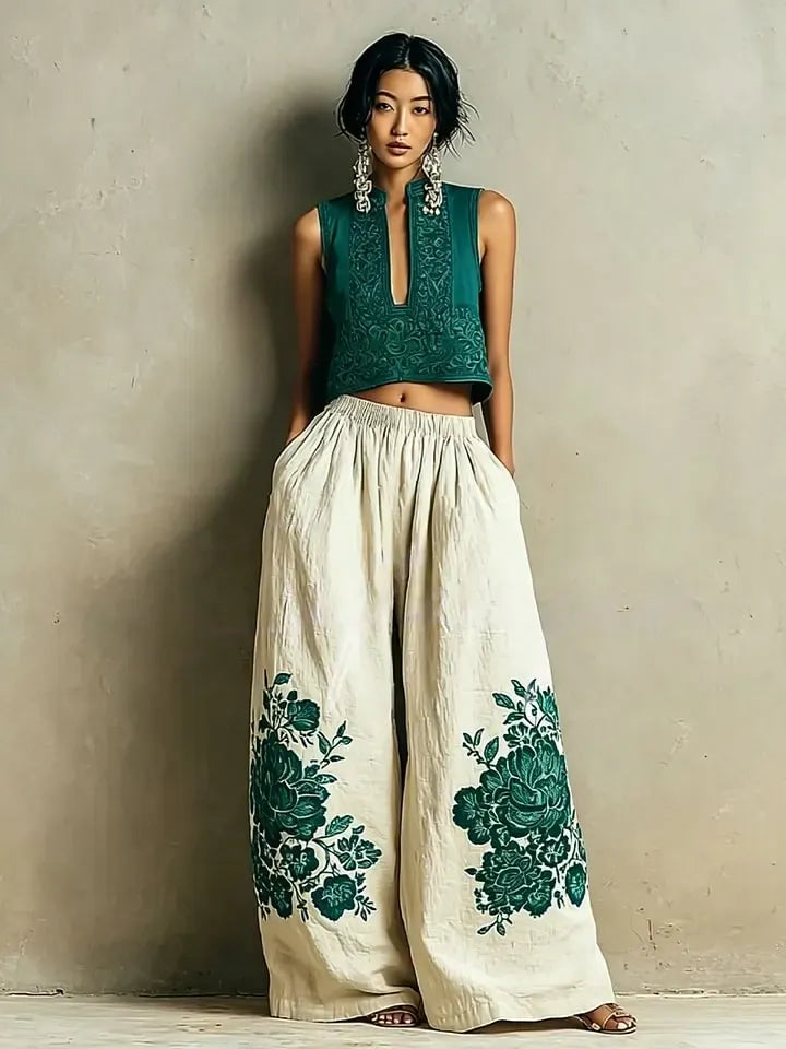 Women's Spring/Summer Cotton Linen Casual Vacation Two-Piece Set.