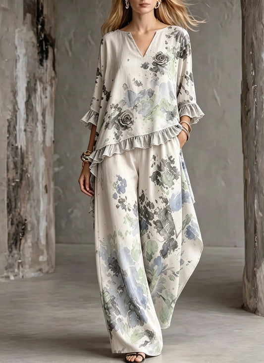 Women's Cotton Linen 3/4 Sleeve Lotus Hem Wide Leg Pants Two-Piece Set