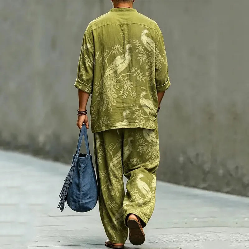 Men's Vintage Japanese Floral And Bird Art Shirt And Pants Two Piece Set