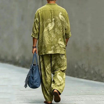 Men's Vintage Japanese Floral And Bird Art Shirt And Pants Two Piece Set