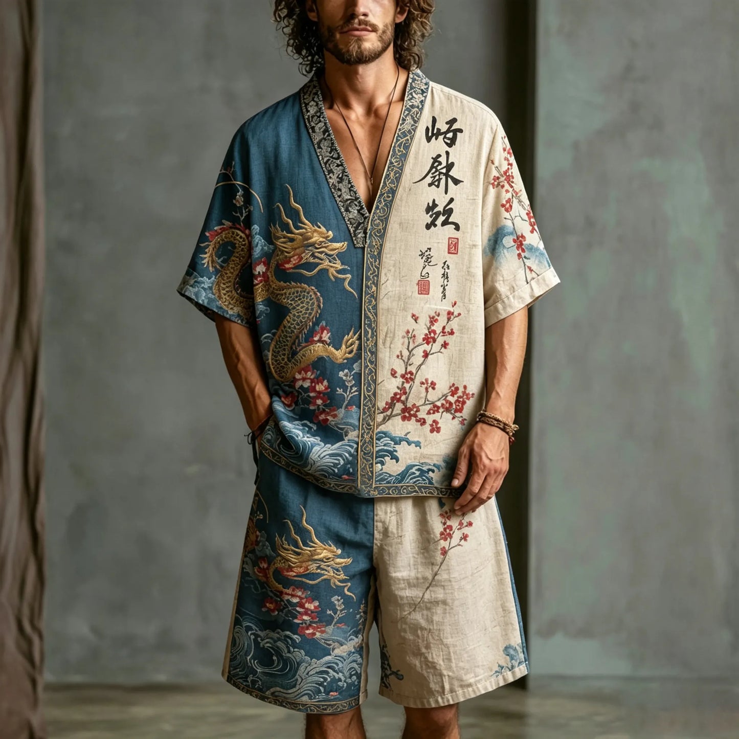 Men's Japanese Art Dragon Floral Color Block Design Cotton Linen Short-sleeve And Shorts Two-piece Set