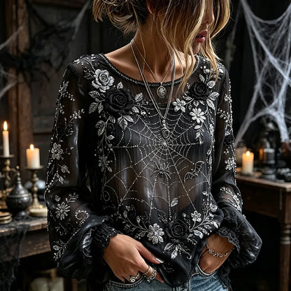 Women's Halloween Floral And Spider Art Black Crew Neck Long Sleeve Top