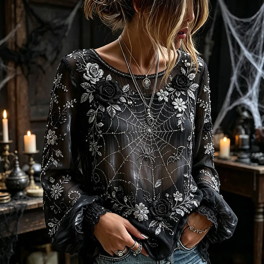 Women's Halloween Floral And Spider Art Black Crew Neck Long Sleeve Top