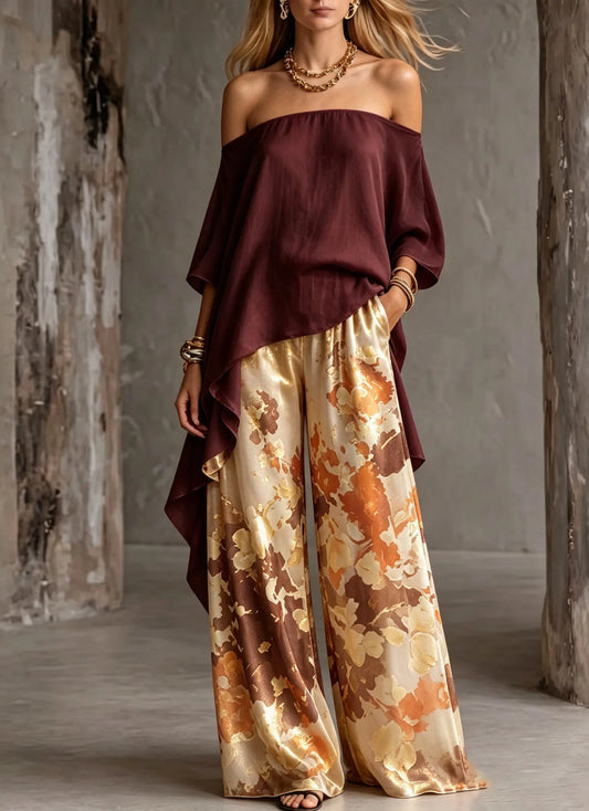 Women's Shoulder Top Abstract Printed Cotton and Linen Wide Pants Two-piece Set