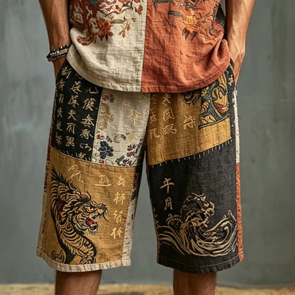 Men's Dragon Letter Color Block Print Cotton Linen V-neck Short-sleeve Shorts Two-piece Set