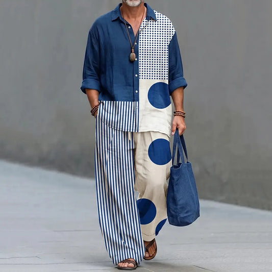 Men's Vintage Polka Dot And Stripe Patchwork Print Shirt And Pants Two Piece Set