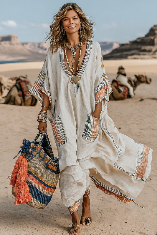Vintage Print Long Sleeve Kaftan Dress