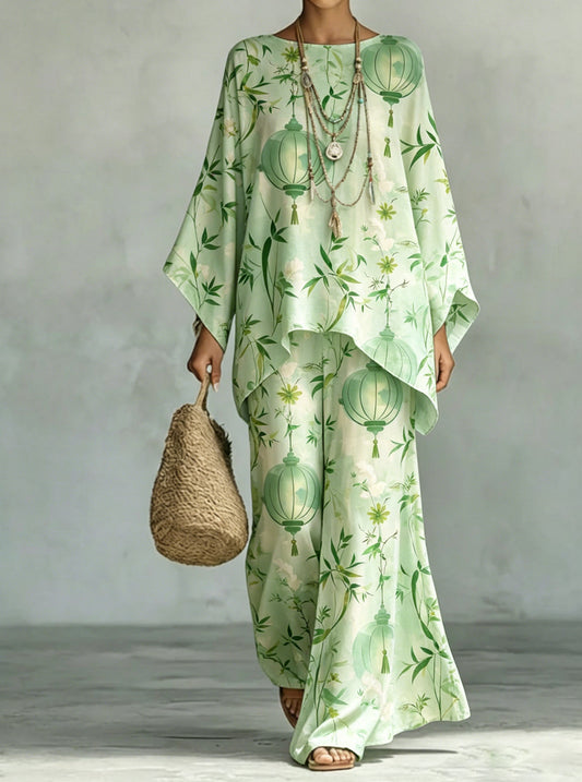 Women's Comfortable and loose print pattern cotton and linen wide-leg pants two-piece set