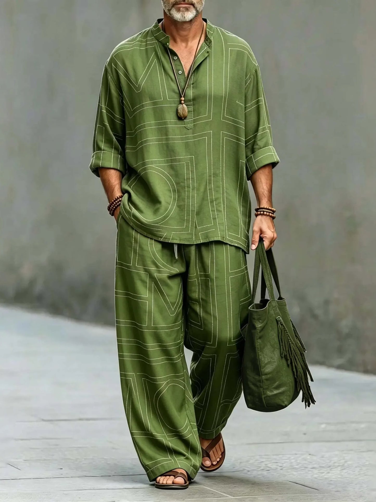 Men's Vintage Geometric Art Print Shirt And Pants Two Piece Set