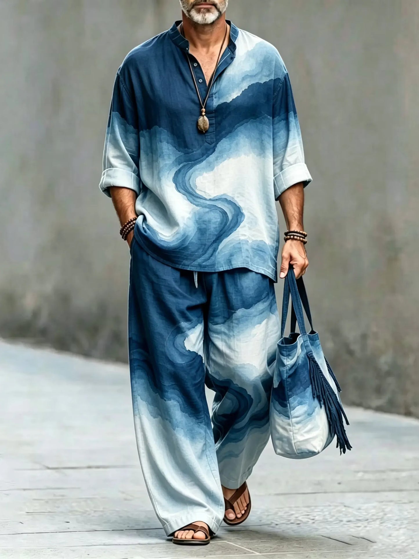 Men's Japanese Abstract Art Print Shirt And Pants Two Piece Set