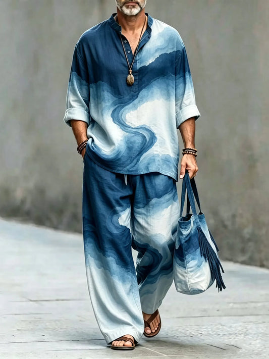 Men's Japanese Abstract Art Print Shirt And Pants Two Piece Set