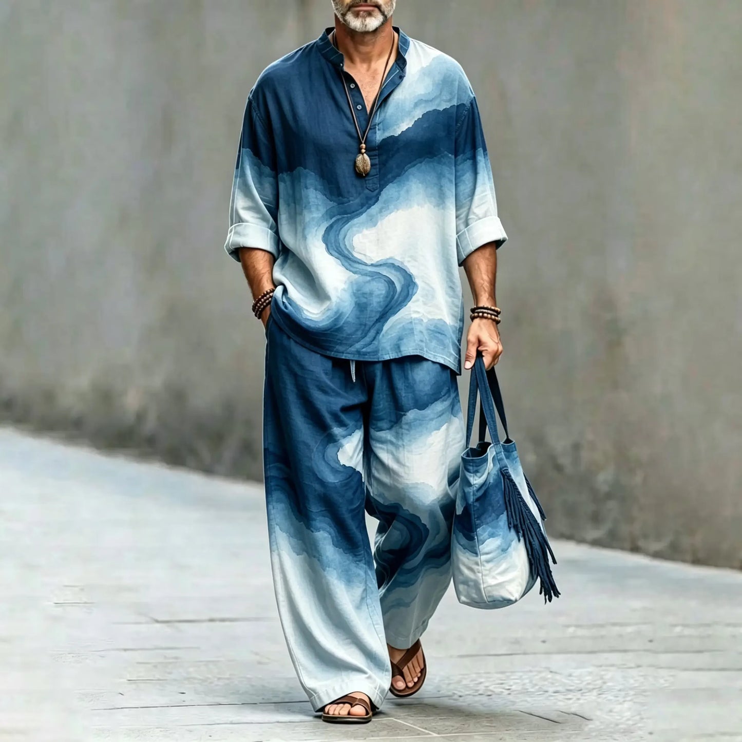 Men's Japanese Abstract Art Print Shirt And Pants Two Piece Set