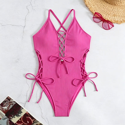 Lace-Up Crisscross Halter One-Piece Swimsuit