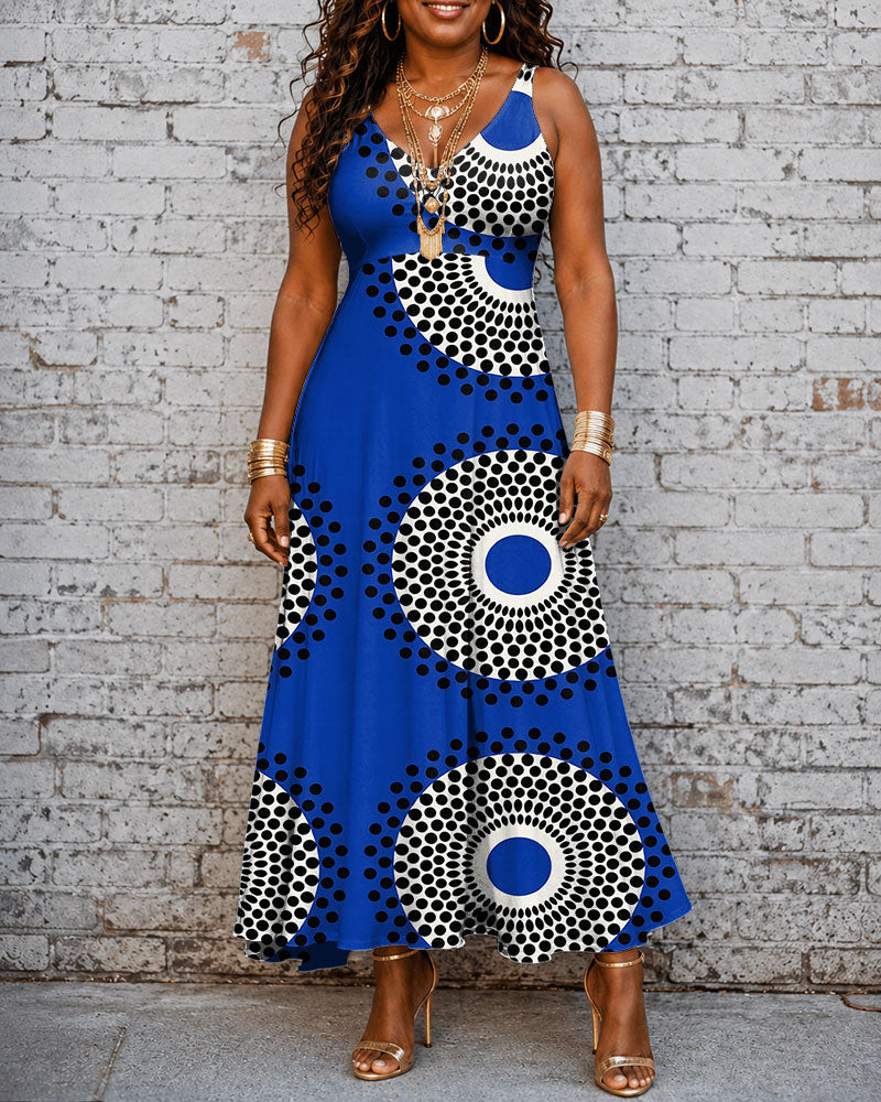 Ankara Polka Dot Geometric Print V-neck Sleeveless Casual Dress