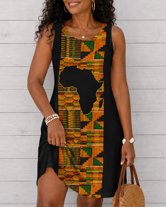 Classic Ankara African Map Round Neck Sleeveless Mini Casual Dress