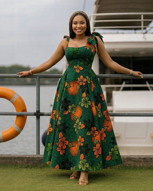 Ankara Plant and Floral Textures Lace-up Maxi Dress