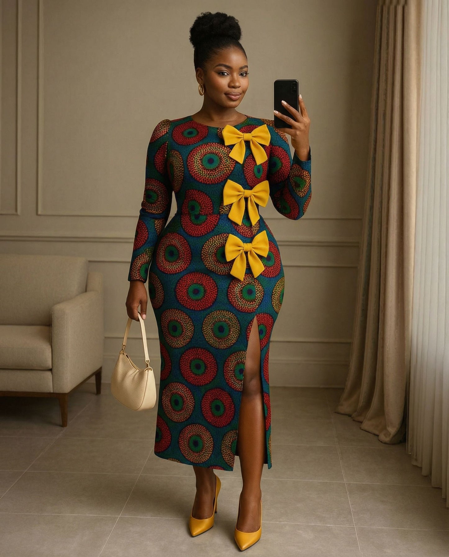 Round Neck African Print Yellow Bow Bodycon Dress