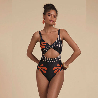 Printed One Piece Swimsuit with Sheer Cover Up Pants Set