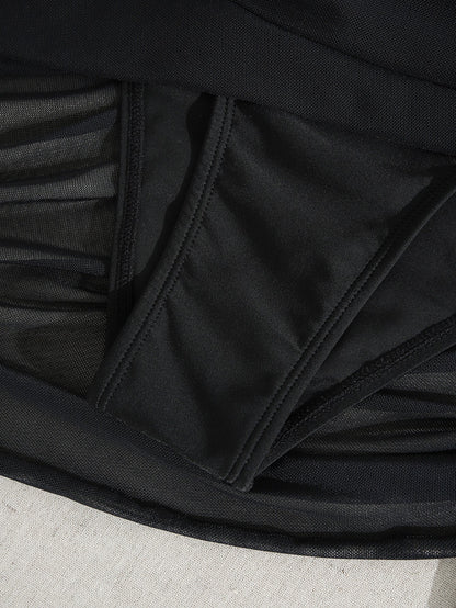 One-Shoulder Mesh Cutout Ruched Swim Dress