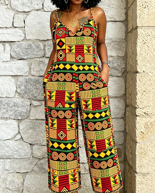 Reggae Ankara Print Design Straight Suspenders Jumpsuit