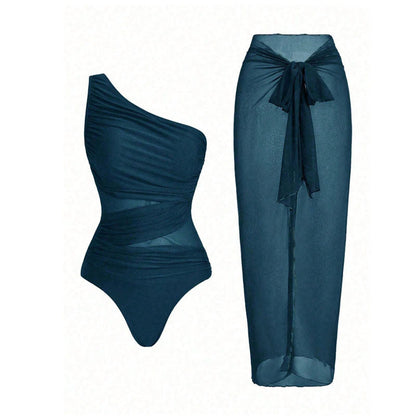 One-shoulder cut-out one-piece swimsuit and mesh cover-up skirt set