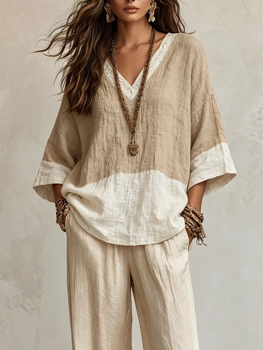Light Khaki Color-blocked Top And Wide-leg Pants Set