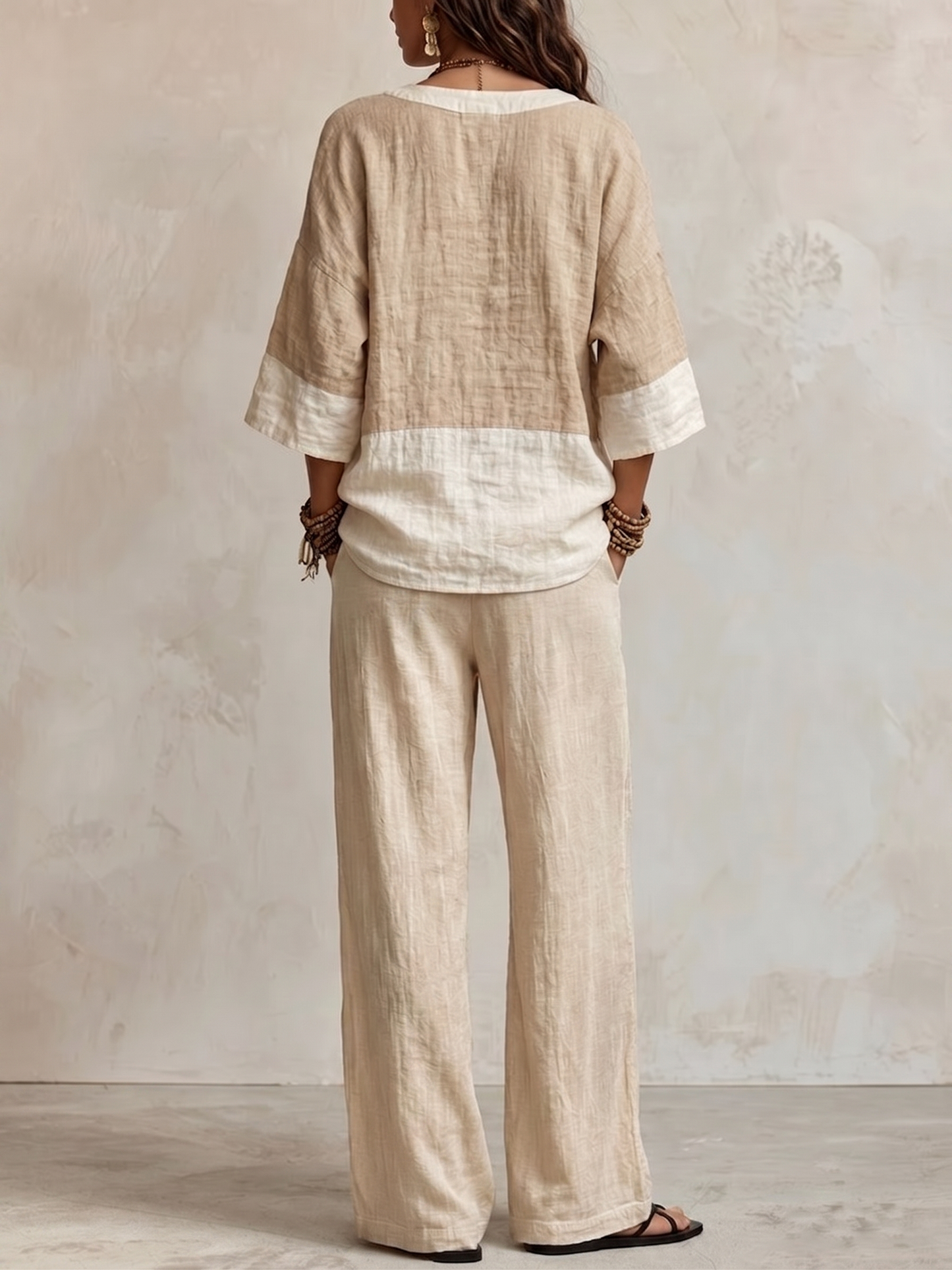 Light Khaki Color-blocked Top And Wide-leg Pants Set