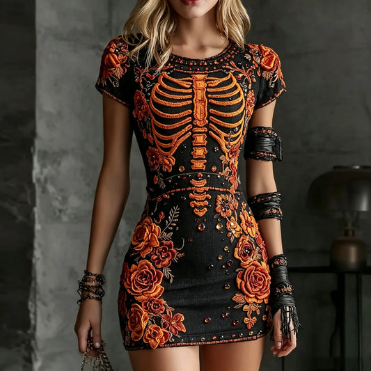 Women's Retro Halloween Skull And Floral Embroidered Round Neck Short Sleeve Dress