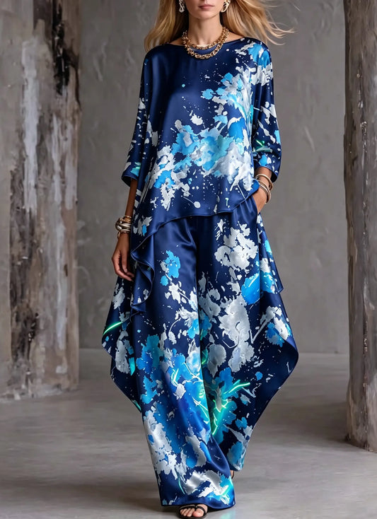 Women's Cotton Linen 3/4 Sleeve Lotus Hem Wide Leg Pants Two-Piece Set