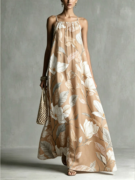 Women's Loose Romantic Print Pleated Spaghetti-Neck Maxi Dresses