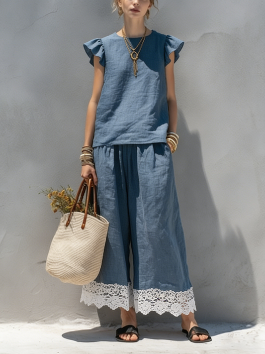 Women's Casual Summer Washed Cotton Top Pants Set