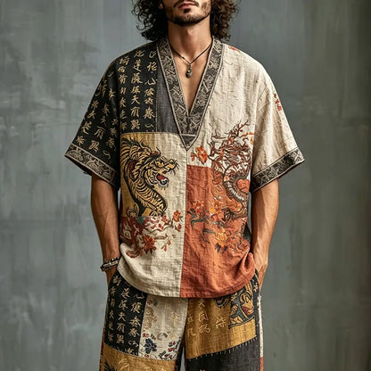 Men's Dragon Letter Color Block Print Cotton Linen V-neck Short-sleeve Shorts Two-piece Set