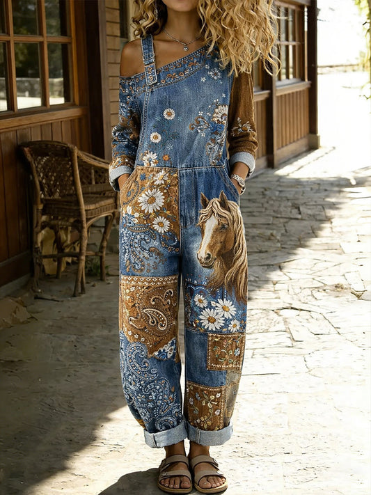 Women's Retro Style Floral Art Print Washed Cotton Denim Patchwork Jumpsuit