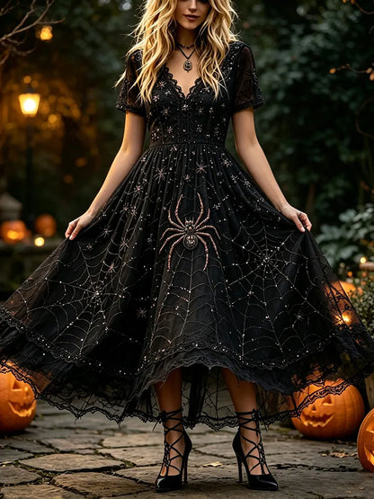 Women's Vintage Lace And Spider Art Black V-neck Short Sleeve Flared Dress