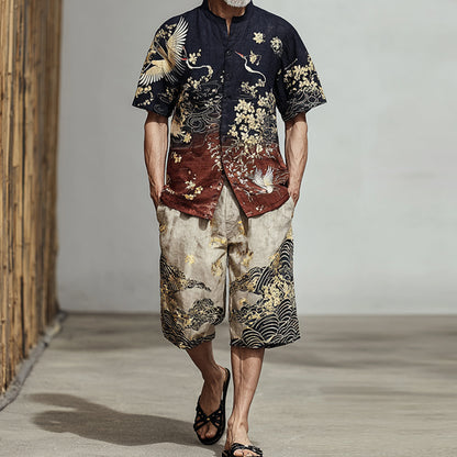 Men's Japanese-style Patterned Color-blocked Two-piece Set